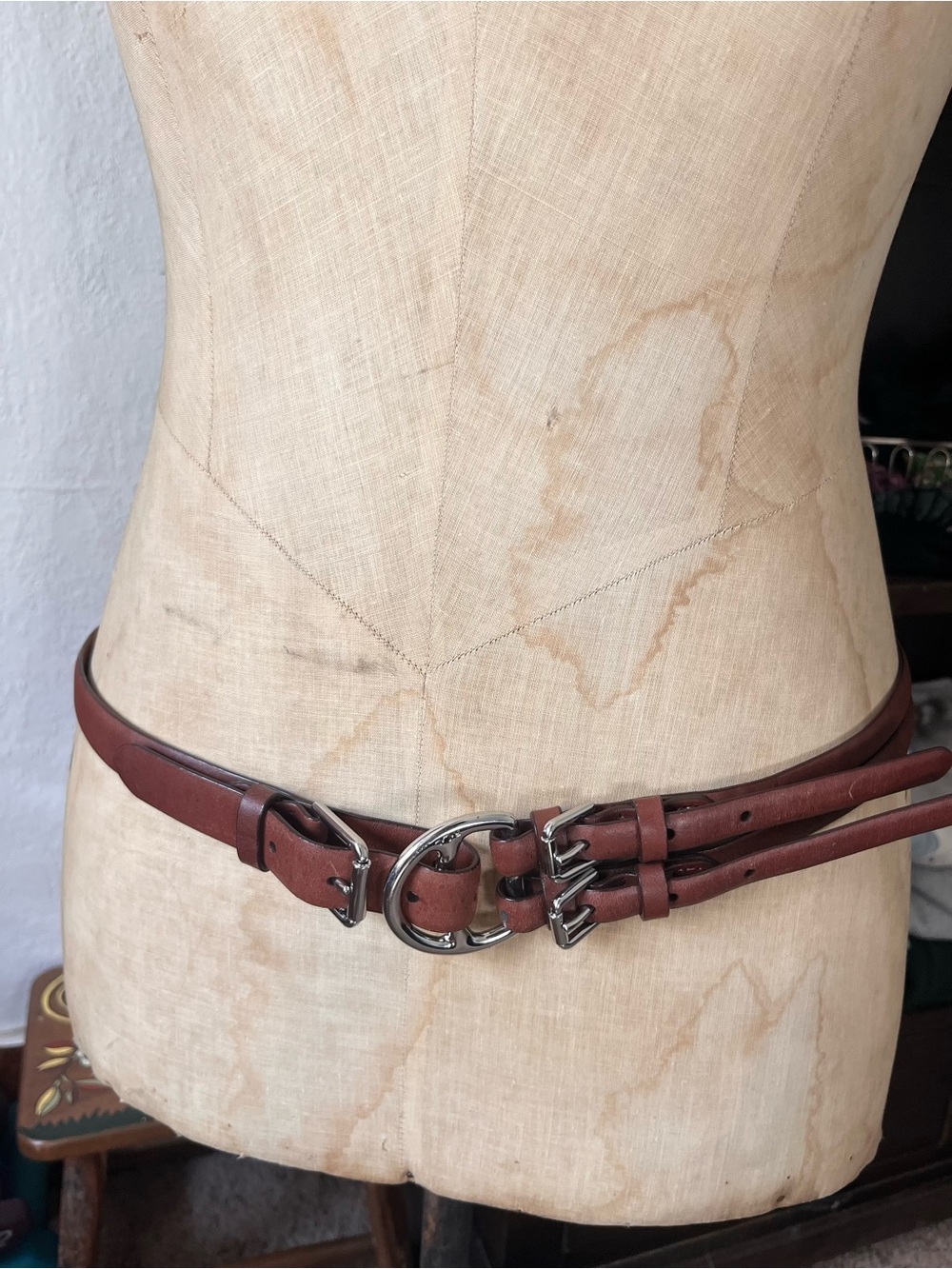 Lauren Ralph Lauren Brown Tri-Strap Leather Waist Belt with Silver Buckles